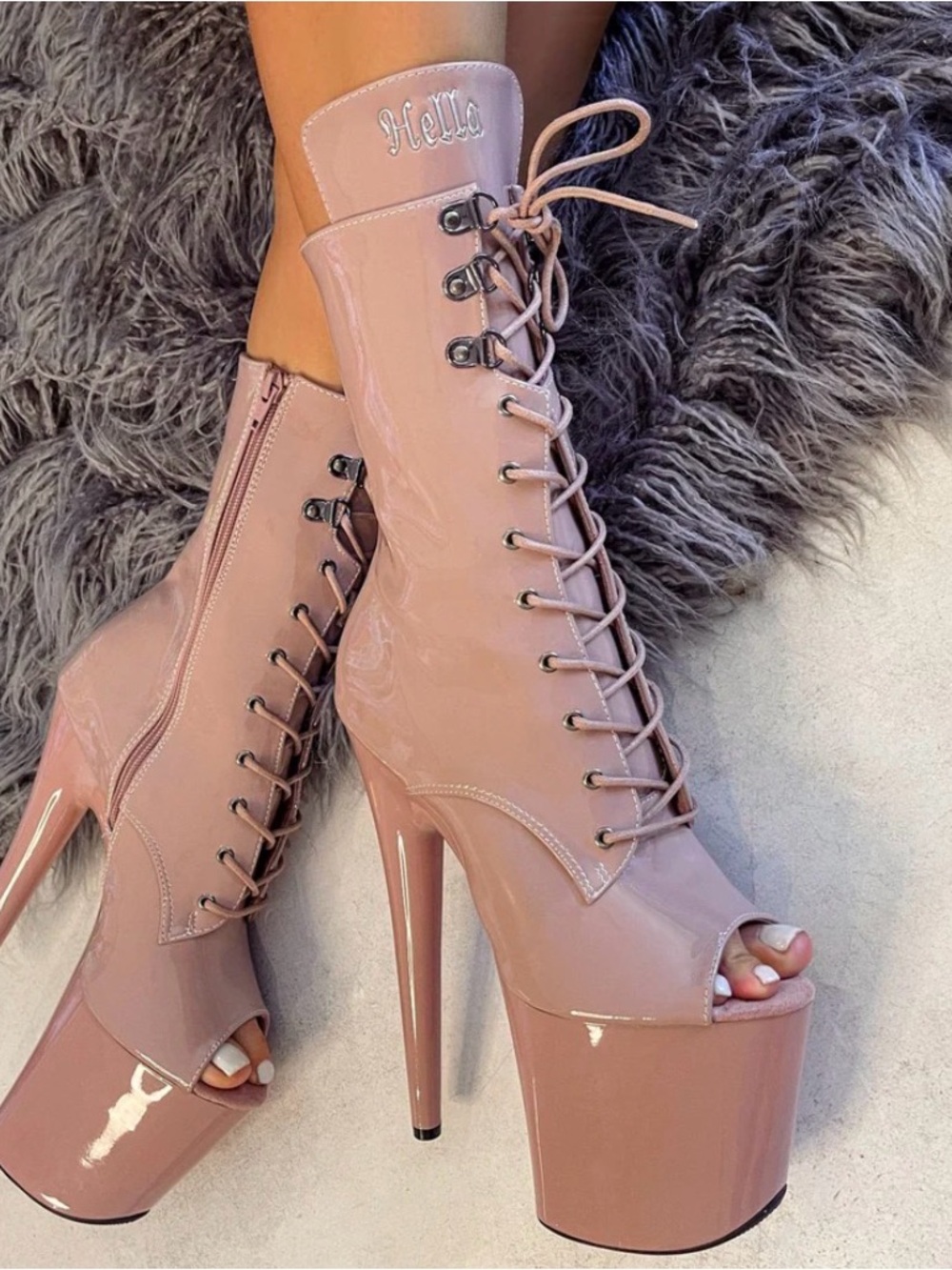 Hella Heels Nude Patent Lace-Up Platform 8-inch Boots, US 6